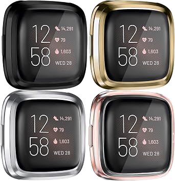 Tobfit 4 Pack Screen Protector Case Compatible with Fitbit Versa 2, Soft TPU Ultra-Thin Scratch Resistant Full Protective Case Cover Clear/Black/Gold/Silver