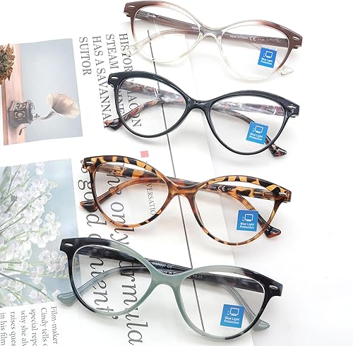 Miniatura 7 de HEEYYOK Gafas de lectura con bloqueo de luz azul para mujer, paquete de 4, lentes de lectura de 1.75 pulgadas con anti UV, ojo de gato, cara