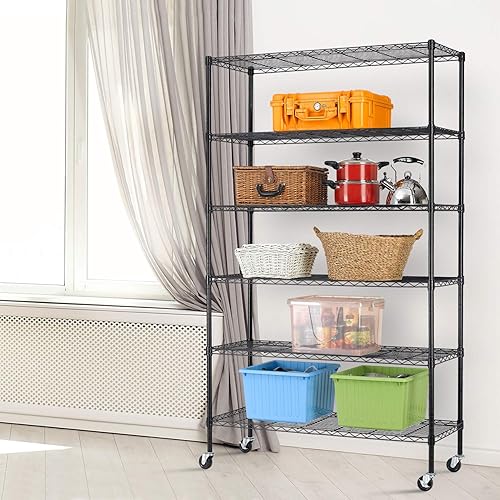 Miniatura 2 de HCY Estante de almacenamiento de 6 niveles, estantería resistente, estante de metal ajustable en altura NSF con ruedas para lavandería, baño,