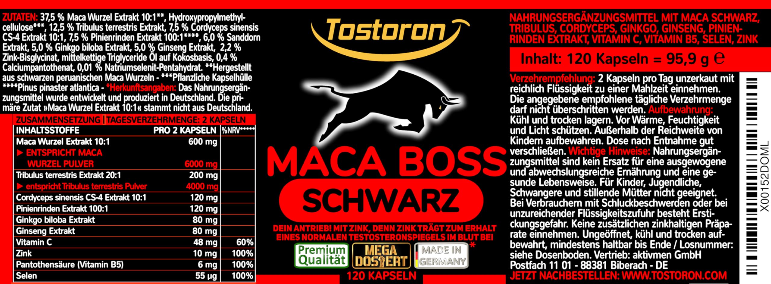 Tostoron MACA 6000 SCHWARZ HOCHDOSIERT 120 Kapseln, Tribulus, Cordyceps, Ginseng, Ginkgo, Pinienrinde, Vitamin C, Selen, Zink, 1 Dose (1x95,9g)