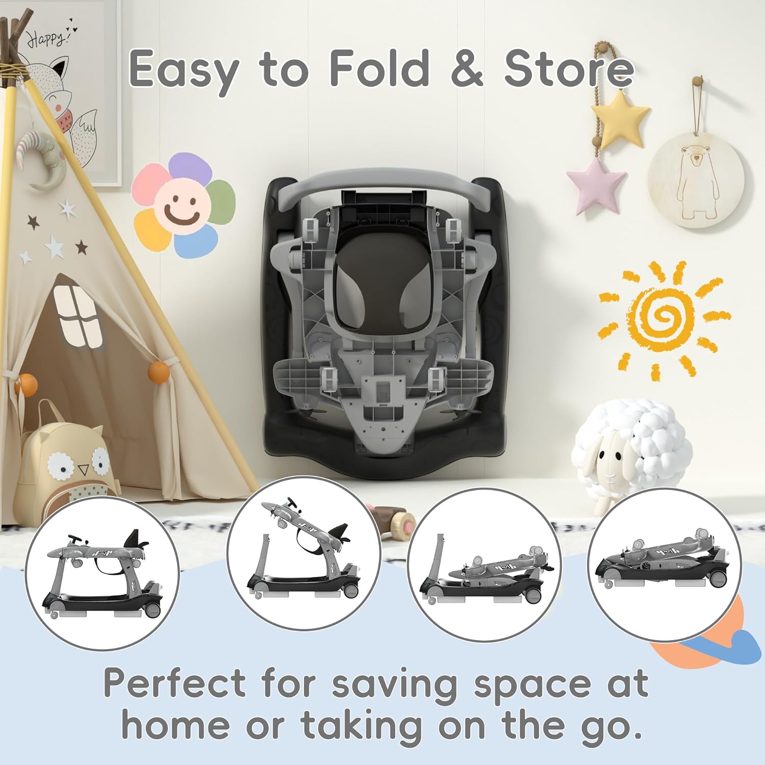 Betterhood 6-in-1 Foldable Baby Walker with Adjustable Height & Speed, Airplane-Themed Activity Push Walker with Music & Lights, Wheels, Anti-Slip Design, Suitable for Boys & Girls Aged 6-18 Months