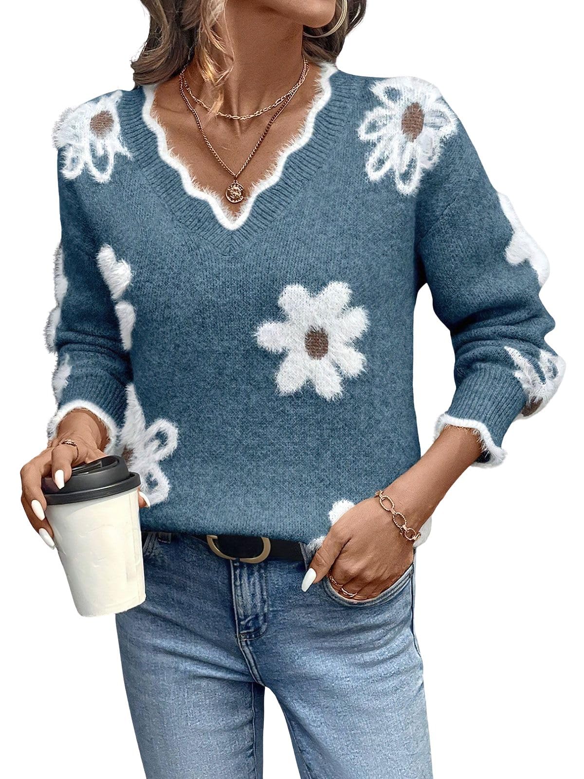 ebossy Womens Fall Fashion Floral Print V Neck Sweaters Casual Furry Knit Long Sleeve Pullover Tops 2025 Winter