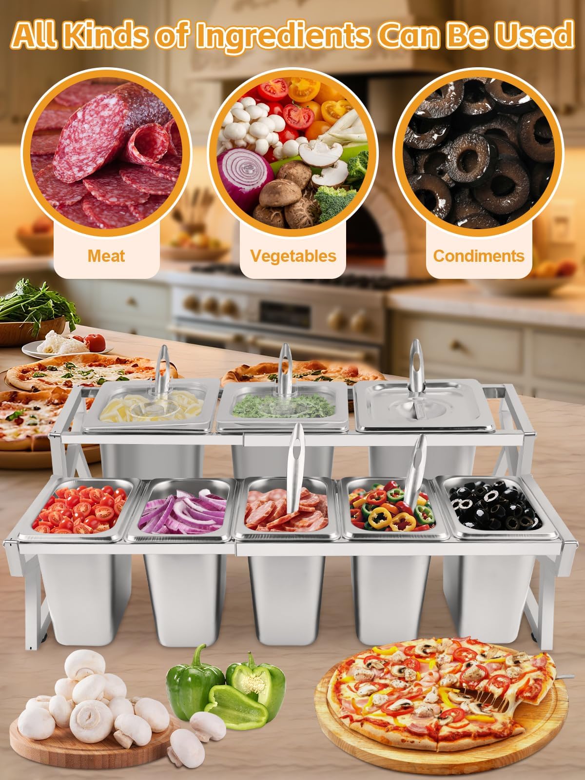 Pizza-Garnierstation, 8 Pfannen, Pizza-Aufbewahrungsbehälter mit Deckel, Löffel, Gewürz-Organizer, Buffet-Behälter-Set für Restaurant, Pizza, Soße, Marmelade, Obstzutaten