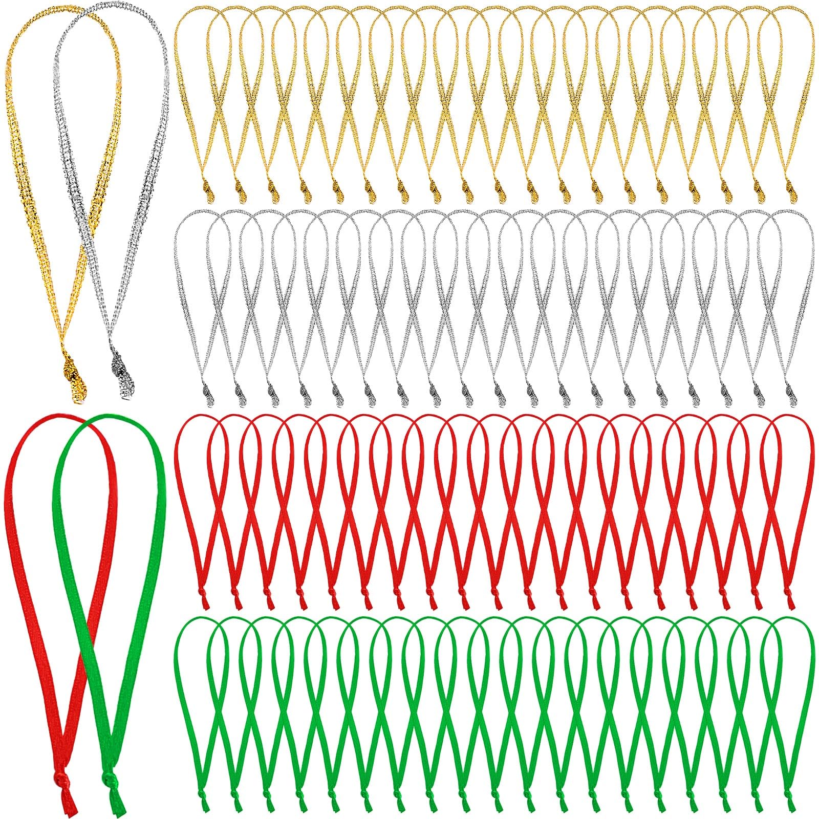 JUNEBRUSHS 300 ganchos de cinta para adornos de Navidad, atados a mano, lazos de cinta fina para adornos, decoración colgante de árbol de Navidad (dorado, plateado, rojo y verde)