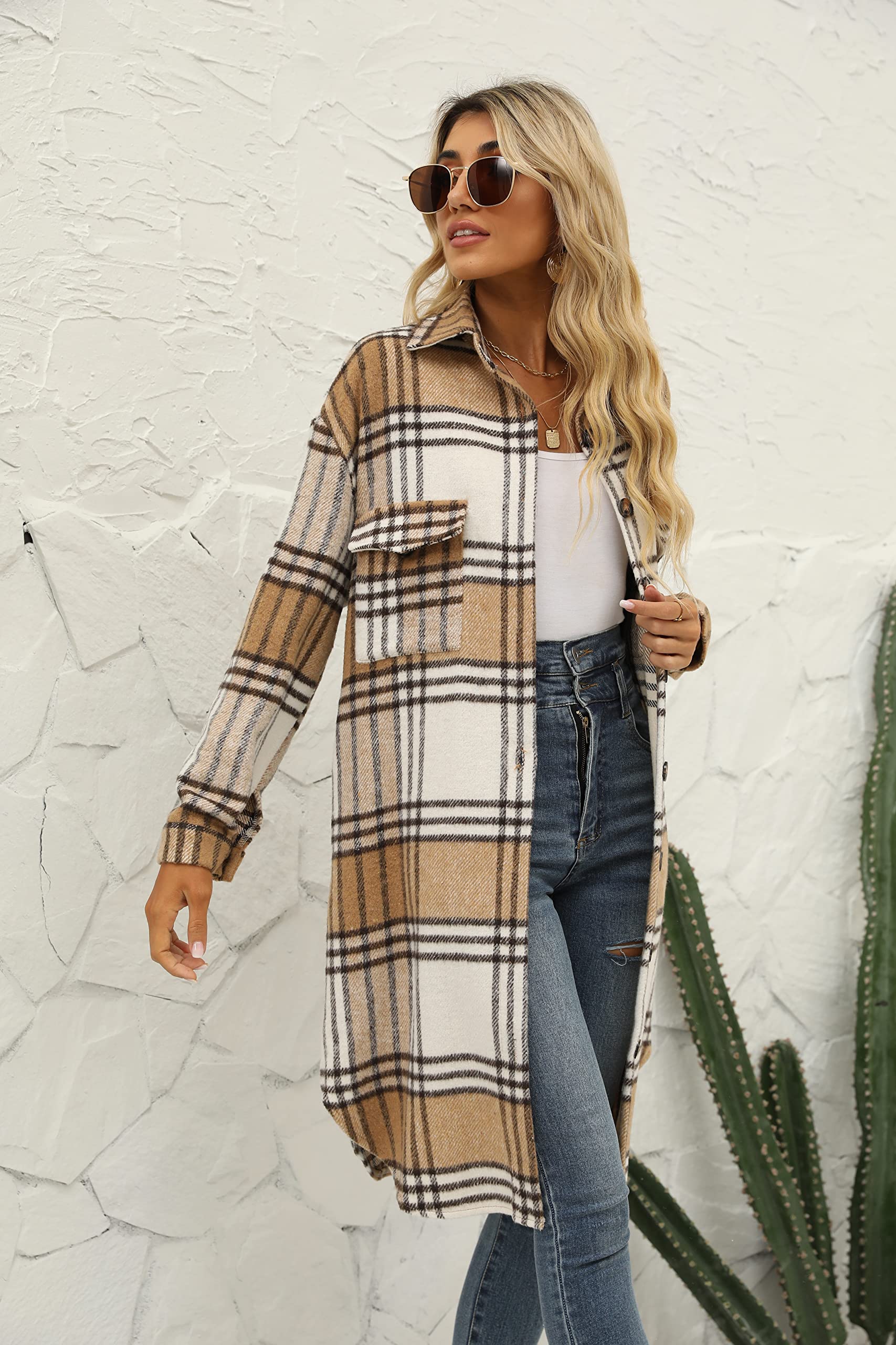 SeekMe Women's Long Plaid Shirt Jacket Shacket Lapel Button Down Woolen Blend Casual Tartan Over Shirt Trench Coat