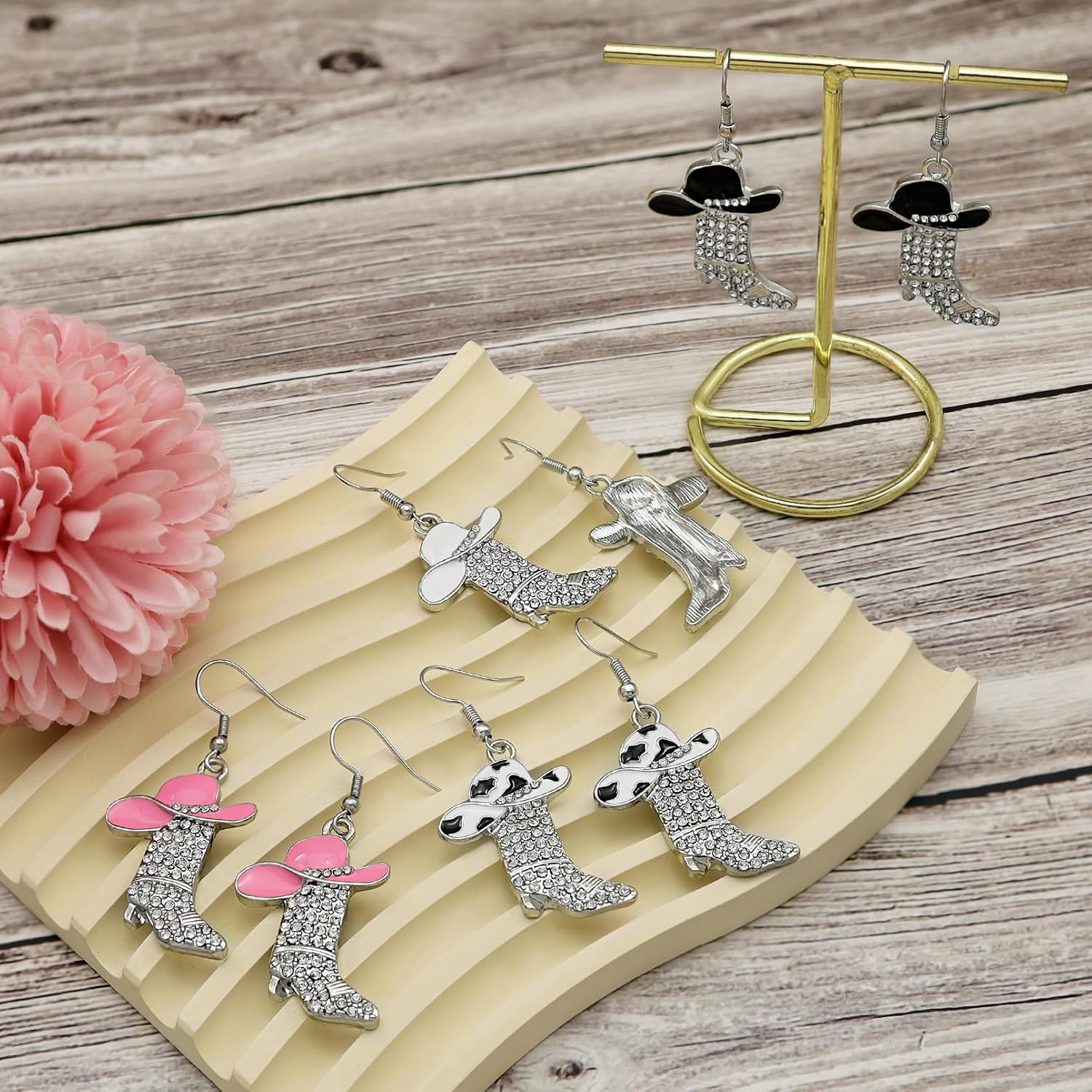 4 Pairs Rhinestone Sparkly Western Boots Dangle Earrings Cowgirl Cowboy Enamel Hat Bohemian Rodeo Boot Drop Dangle Earrings for Women - Image 3