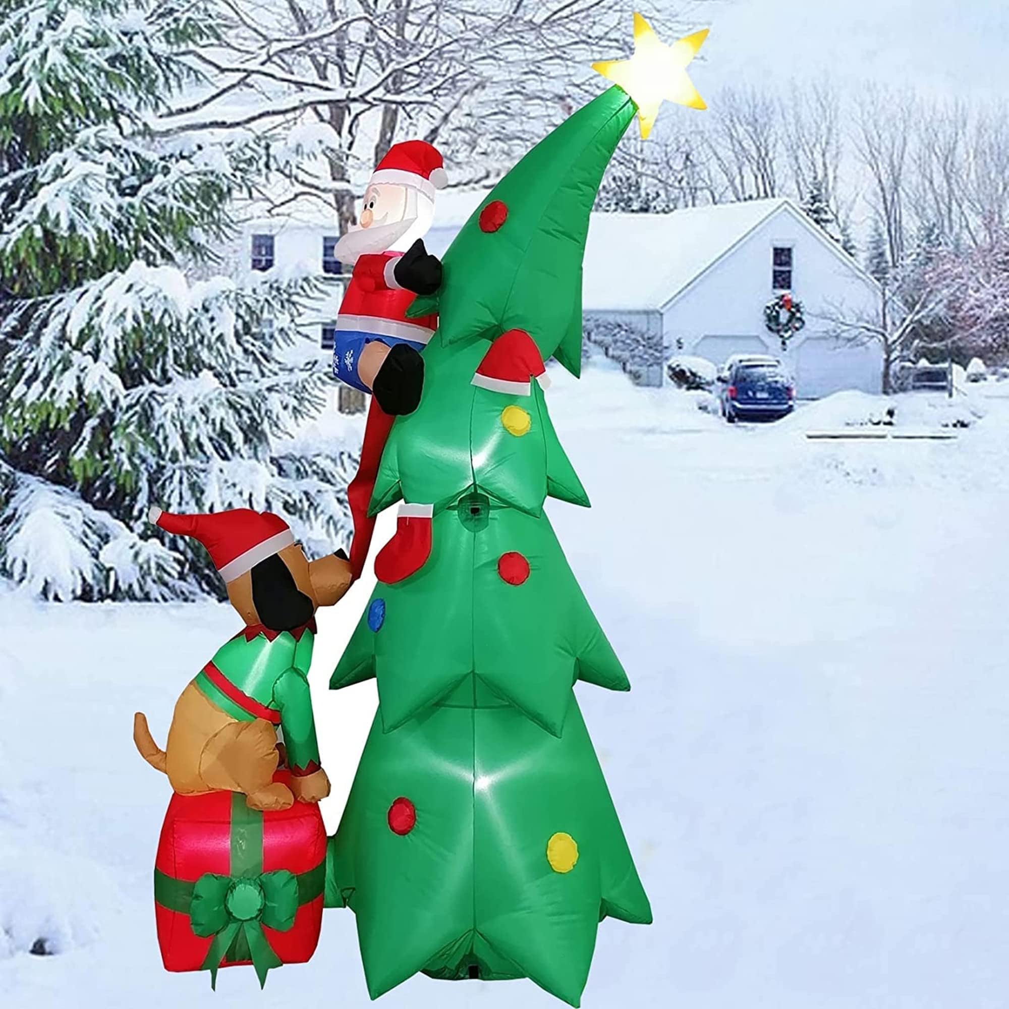 PYXZQW 7FT Outdoor Christmas Inflatable Decoration, Christmas Tree Inflatables with Led Light, Santa Climbing Ladder to Christmas Tree Chased by Inflatable Dog