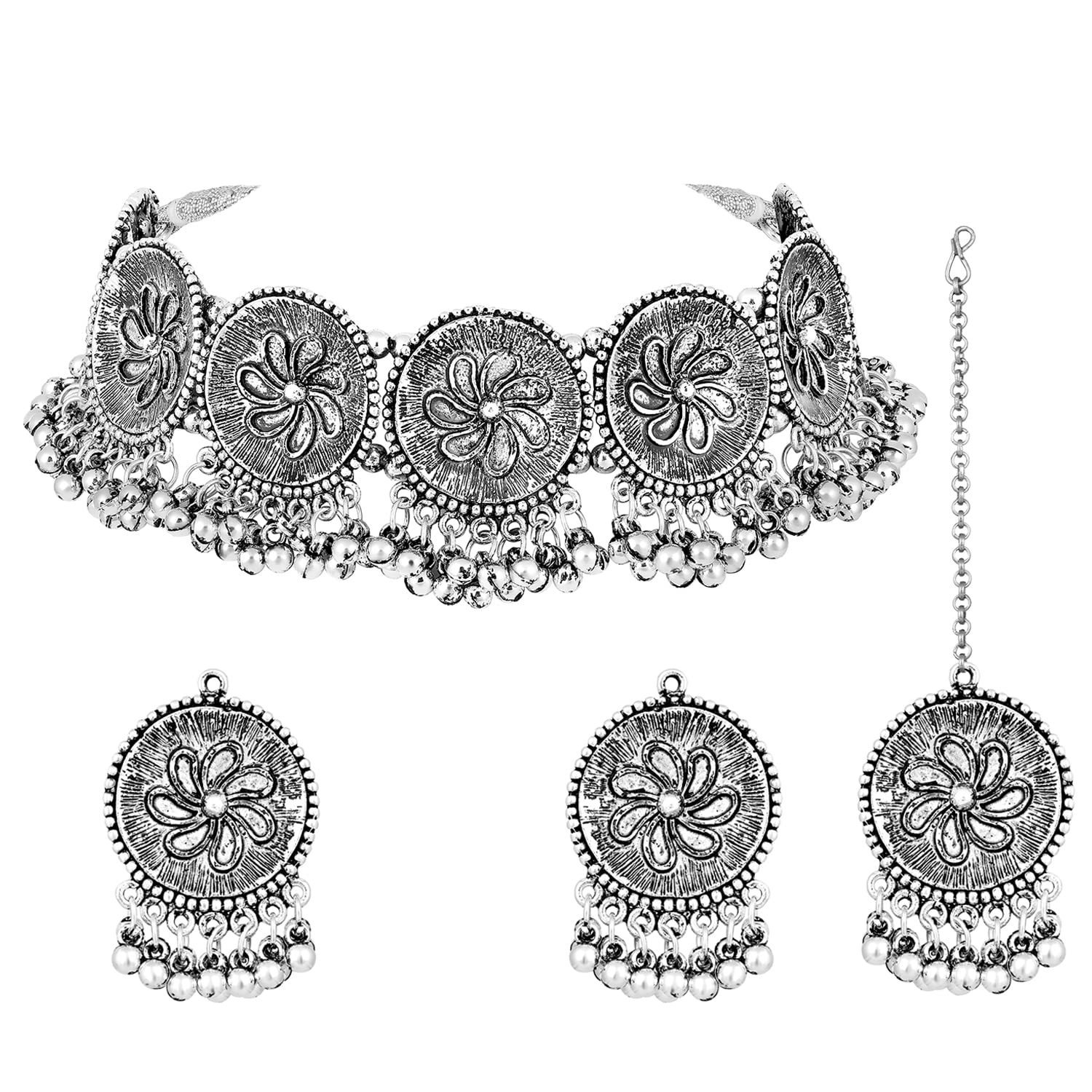 Peora Silver Plated Beads Studded Choker Necklace Dangle Earrings & Maang Tikka Ethnic Fashion Jewellery Set Gift for Women & Girls (B0C1K7ZZHB) Amazon Price History, Amazon Price Tracker