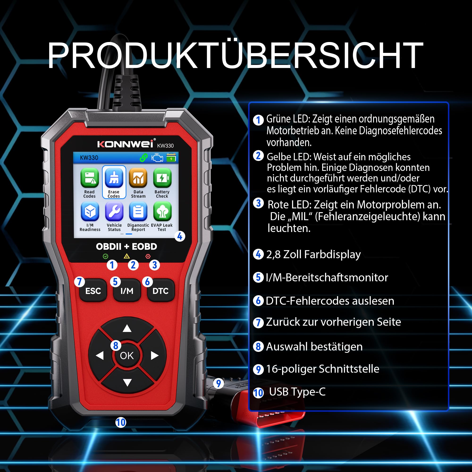 OBD2 Auto Diagnosegerät ,KFZ Auslesegerät mit Batterie Test & DTC Bibliothek, OBDII/EOBD Scanner mit Vollständigen Funktionen, Diagnosegerät Mit Alle Systemdiagnosen,Kompatibel mit OBD2 Fahrzeugen