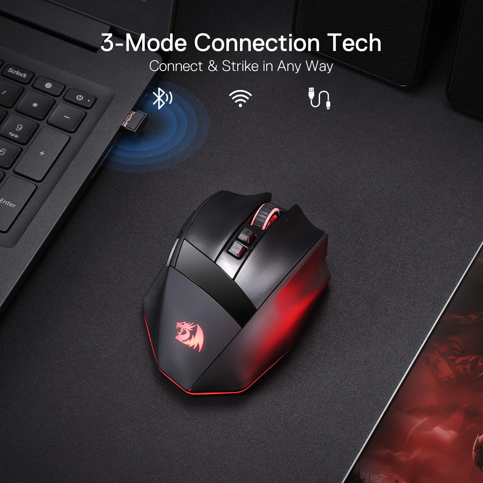 Redragon M813 PRO Souris de jeu RVB 3 modes avec molette de défilement double mode 4D, souris optique ergonomique avec max 26 000 ppp, capteur de précision professionnel 3395, 7 boutons macro,