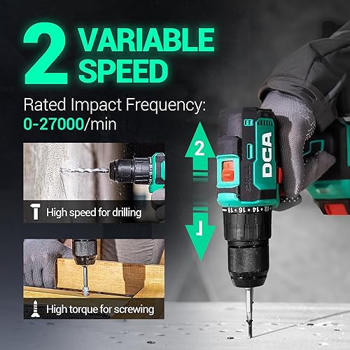 Miniatura 6 de DCA Taladro martillo sin escobillas de 20 V, taladro de impacto de par de 492 in-lb, portabrocas sin llave de metal de 12 pulgada, 18+1+1,