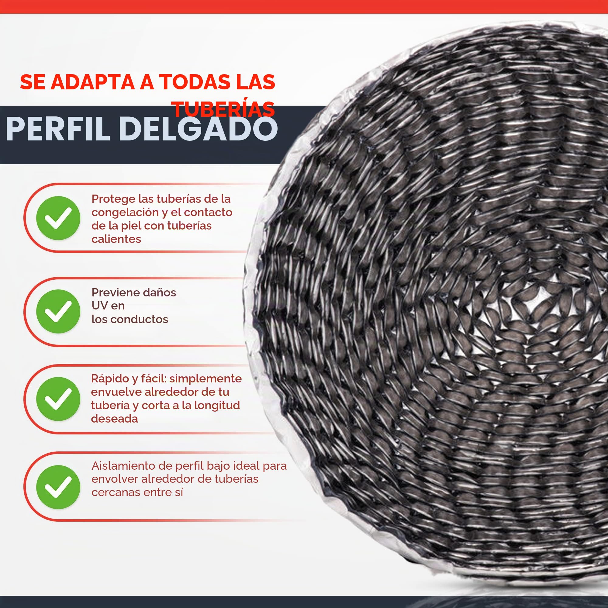 Lámina aislante para tuberías (7,5 m x 80 mm), ahorro de energía térmica para aislamiento interno o externo de tuberías y conductos