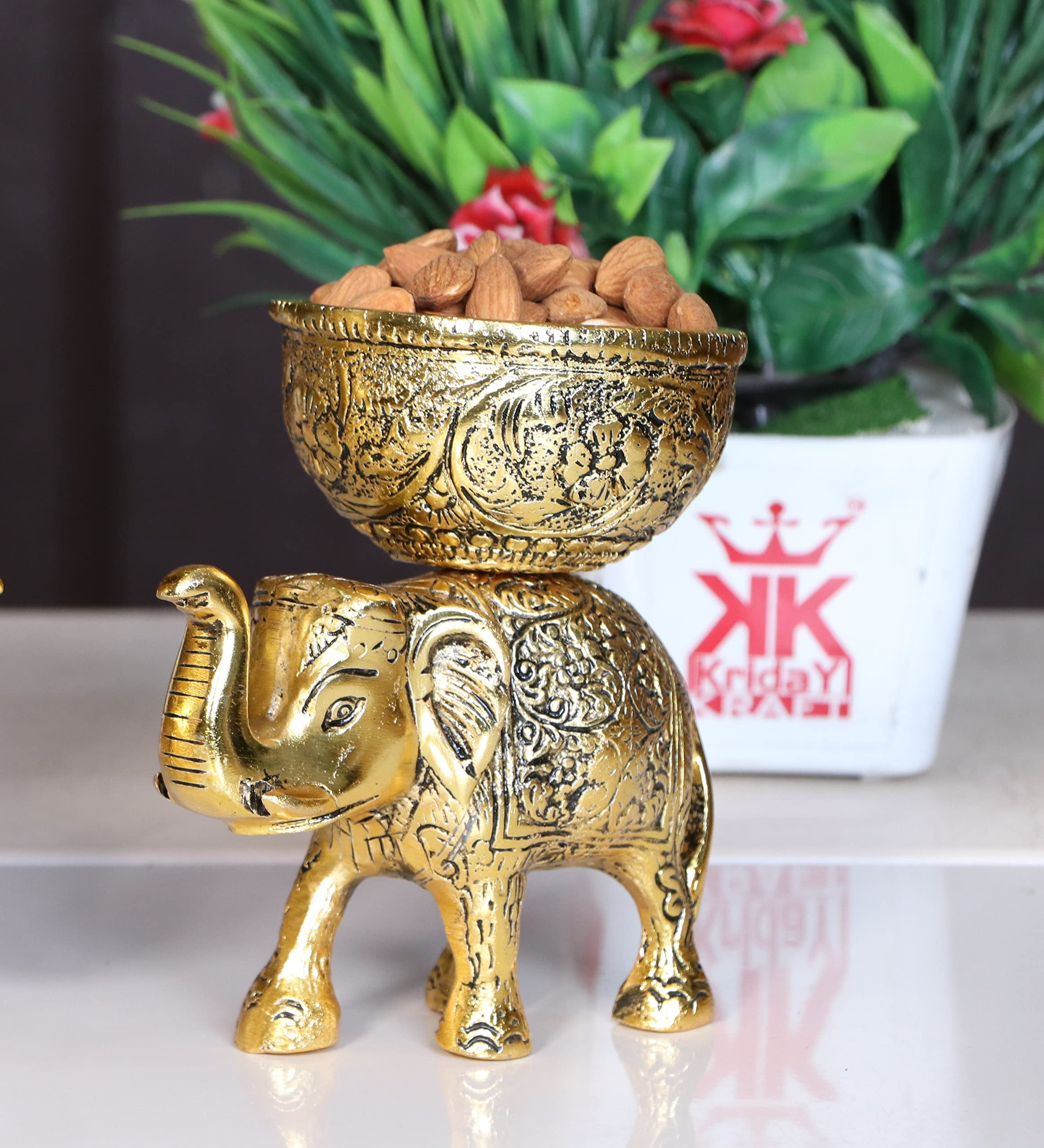 KridayKraftMetal Elephant Dry Fruit Bowl Showpiece Gold Polish for Your Home,Office Table & Gift Article,Animal Decorative Showpiece Figurines.