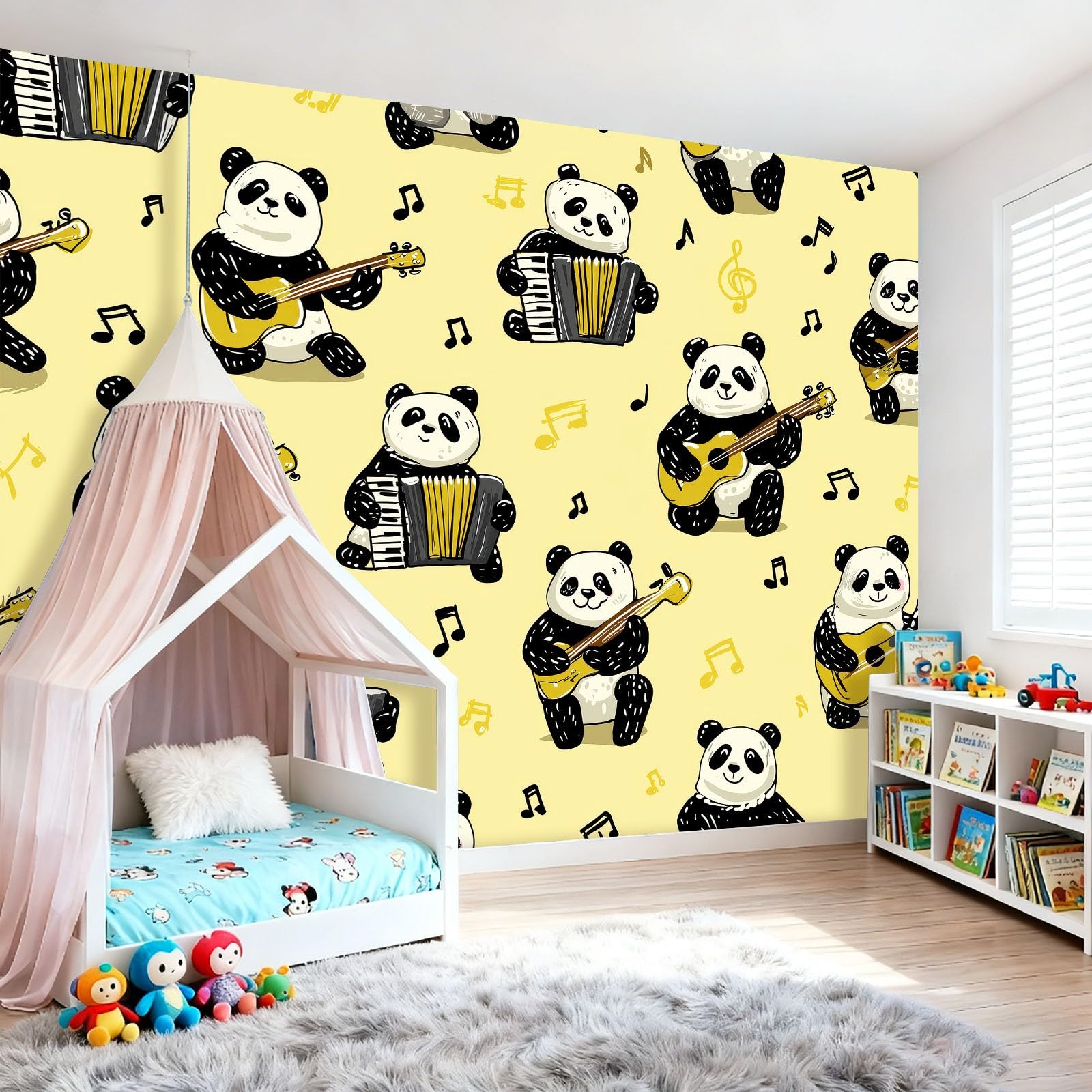Panoramiczna tapeta 300 x 210 cm (dł. x wys.), kreskówka akordeon zwierzęta panda włóknina fototapeta do salonu restauracja tło telewizora dekoracja, żółty pokój dziecięcy gobelin ścienny