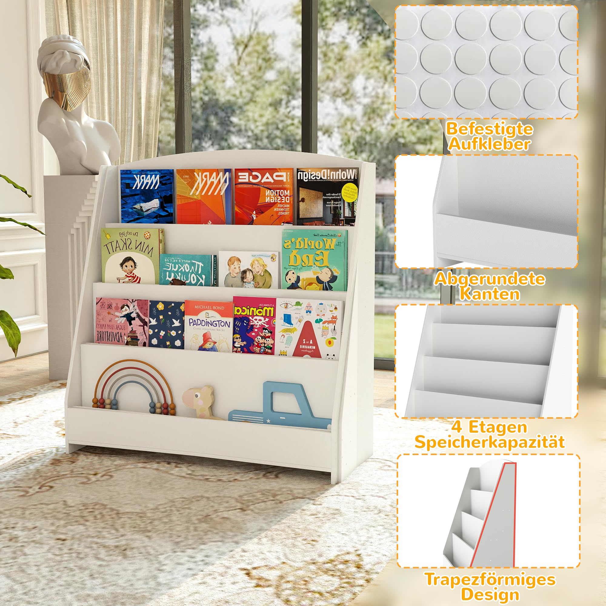 4-stöckiges Kinderbücherregal aus Holz mit 4 Einlegeböden, bücherregal Kinder für Kinderzimmer Kindergärten, 80 × 30 × 88 cm, Natur