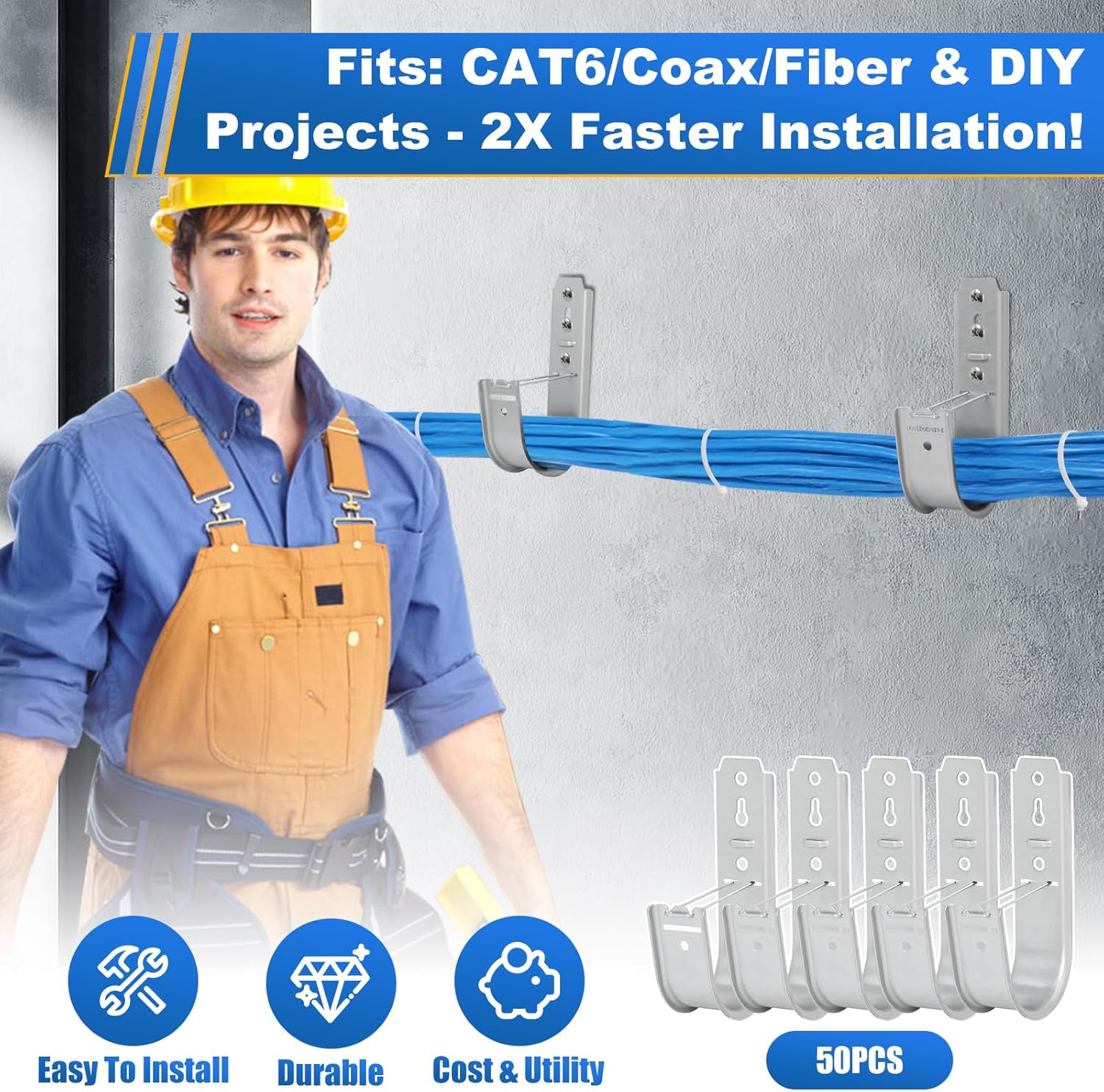 Podoy 2 Inch Cable J Hooks with Retainer Clips,Galvanized Steel J Hook for Cable Management (50 Pack), Cable Support Wall Mount Hooks for Walls/Ceilings Route Network Hanging Cables