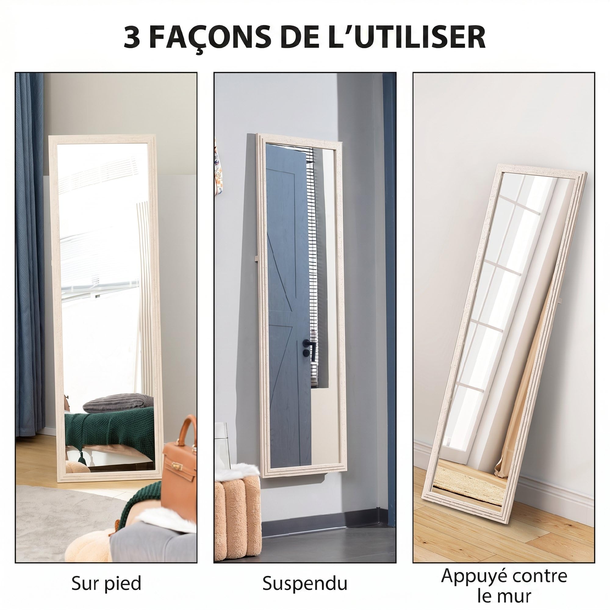 HOMCOM Miroir sur Pied Rectangulaire 160 x 50 cm, Cadre Texturé à Effet Pierre, Angle d'Inclinaison Réglable, Anti-Éclats, Miroir Intégral pour Mur, sur Pied, Appuyé, Blanc