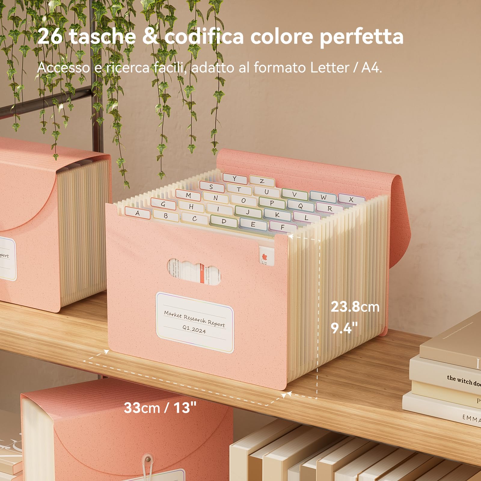 EcoStash Cartella Portadocumenti A4, 26 Tasche Porta Documenti in Paglia di Grano, Raccoglitore Documenti Espandibile per Ufficio Casa, Senza BPA, Ritorno alla Natura, Vita Sana - Rosa Fragola