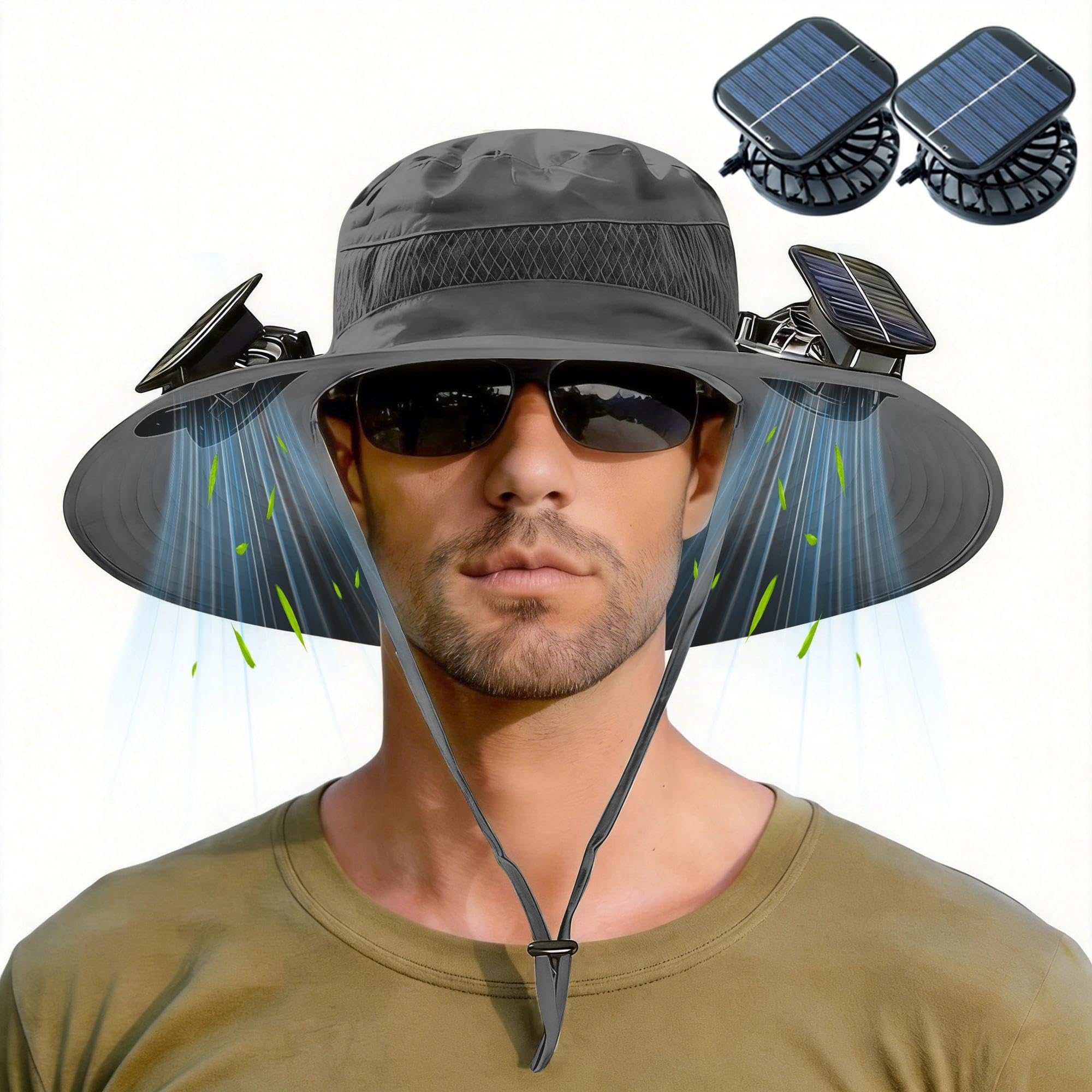 Cappello a ventaglio solare per uomini e donne, cappello rinfrescante con doppia ventola, tesa larga, protezione solare UPF 50+, pesca all'aperto, escursionismo, giardinaggio