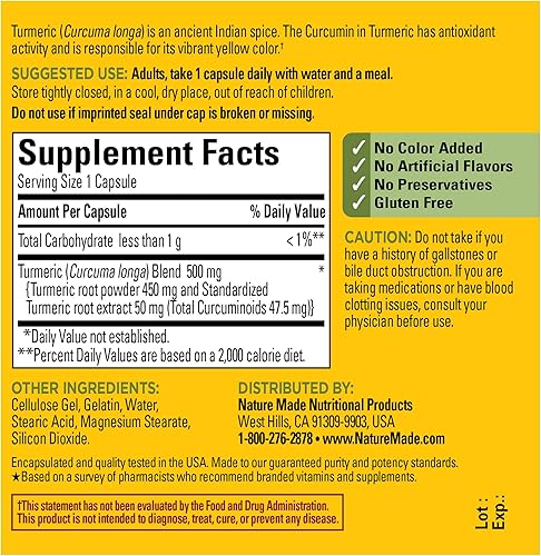 Miniatura 6 de Nature Made Cúrcuma 500 mg cápsulas 60 unidades para soporte antioxidante el embalaje puede variar