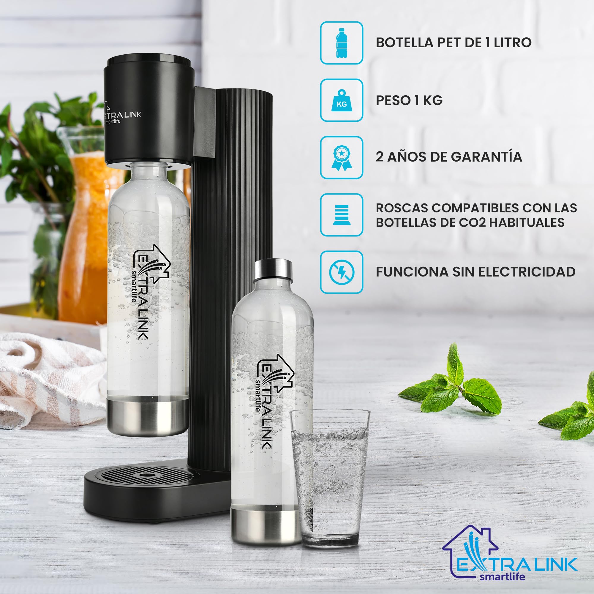 Extralink Máquina para hacer agua con gas Smart Life con botella 1L PET, tamaño compacto, carbonatación de ligera a alta, maquina agua con gas, práctica y elegante, compatible con las botellas de CO2