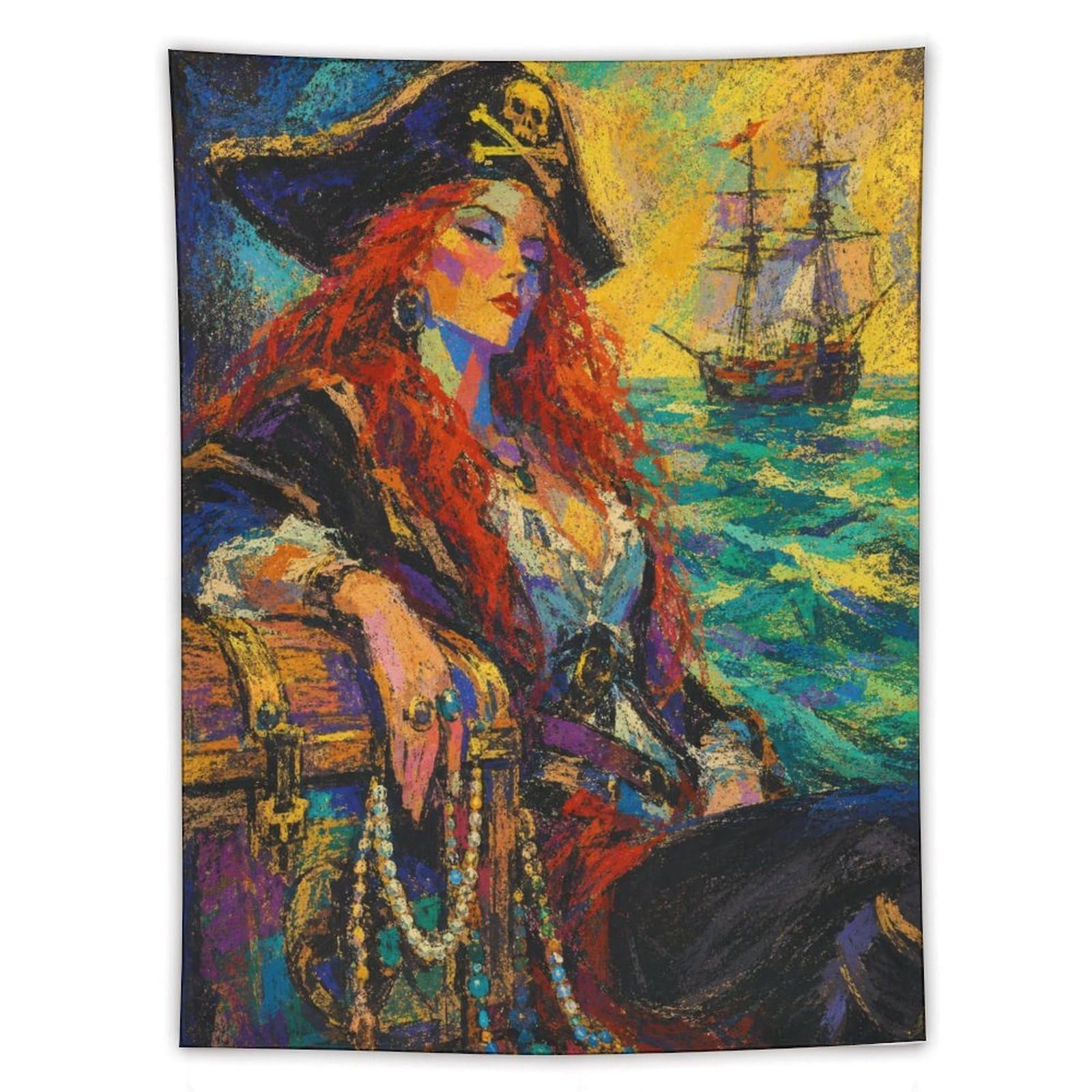 W7C8U2X3 Pirate Woman by Ship Wall Tapestry, Colorful Oil Art