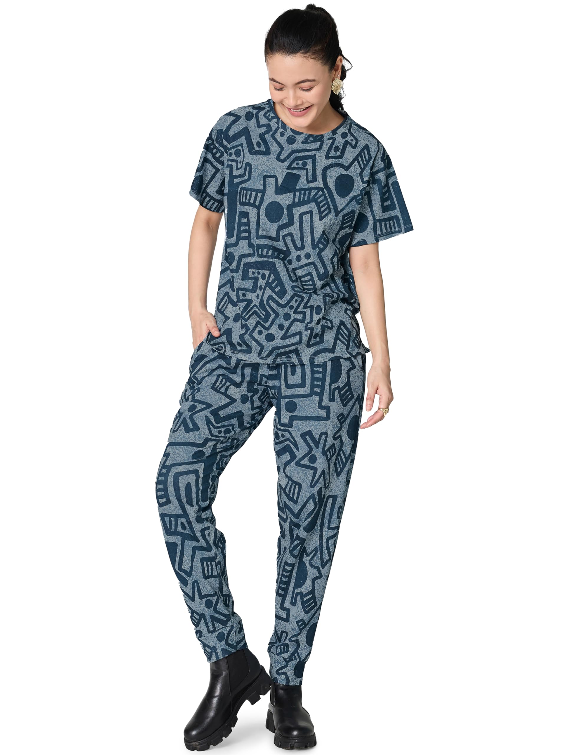 Night Suit for Women's Geometric Printed Cotton Night Dress of Top and Pajama Set-image-48