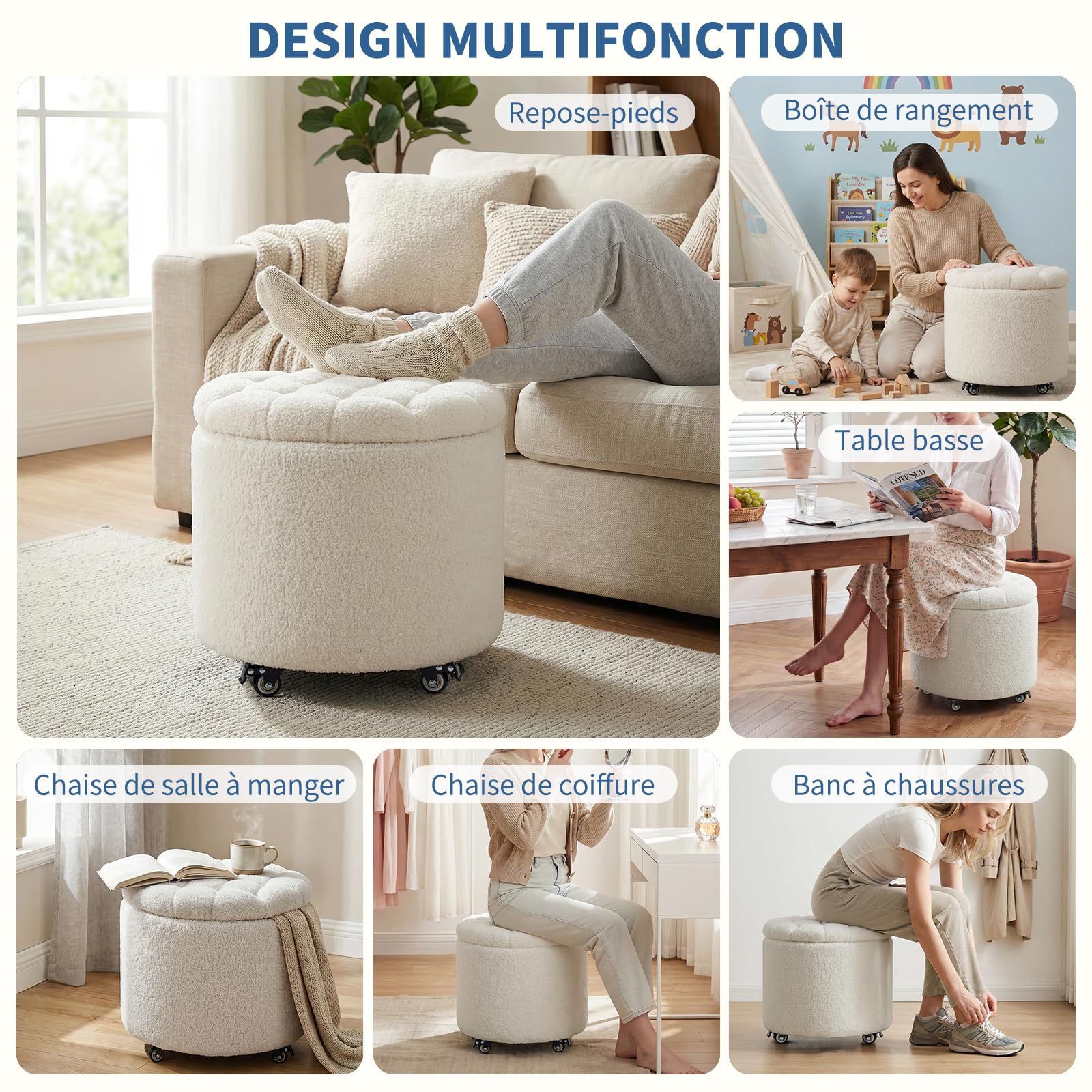 Pouf Rangement avec roulettes, 48cm Tabouret Rond avec Rangement, Tabouret Coiffeuse avec Assise Rembourrée et Couvercle Amovible pour Salon, Chambre ou Salle à Manger, Sherpa, Blanc