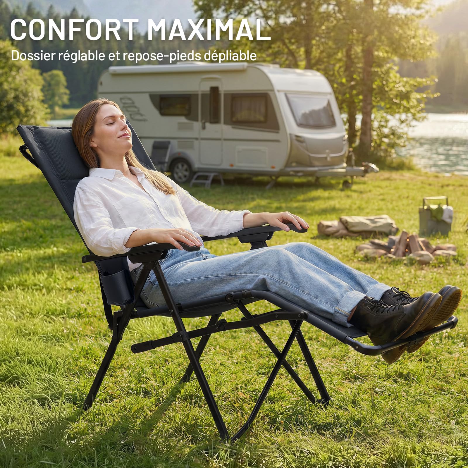 TIMBER RIDGE Chaise de Camping Pliable avec Repose-Pieds Dossier inclinable | Fauteuil longue pliante Assise rembourrée confortable, charge 150kg, pour le camping, le jardin, le balcon et le camping-car