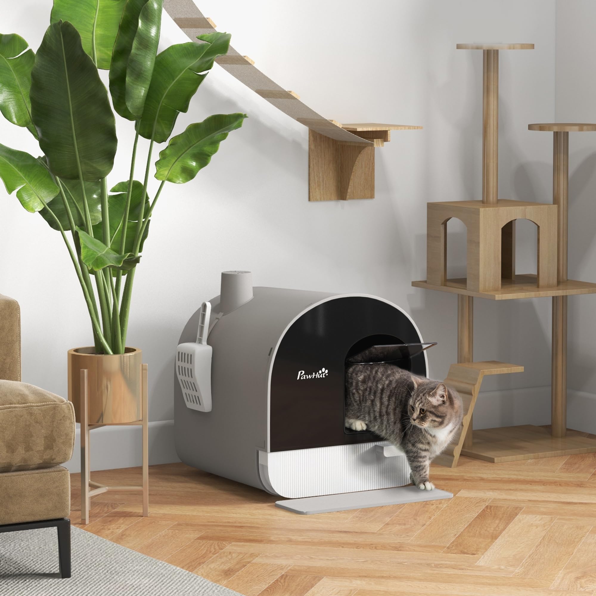 PawHut Bac à litière pour Chat Maison de Toilette pour Chat avec Porte battante, Pelle et Filtre Inclus dim. 43L x 44l x 47H cm - Gris