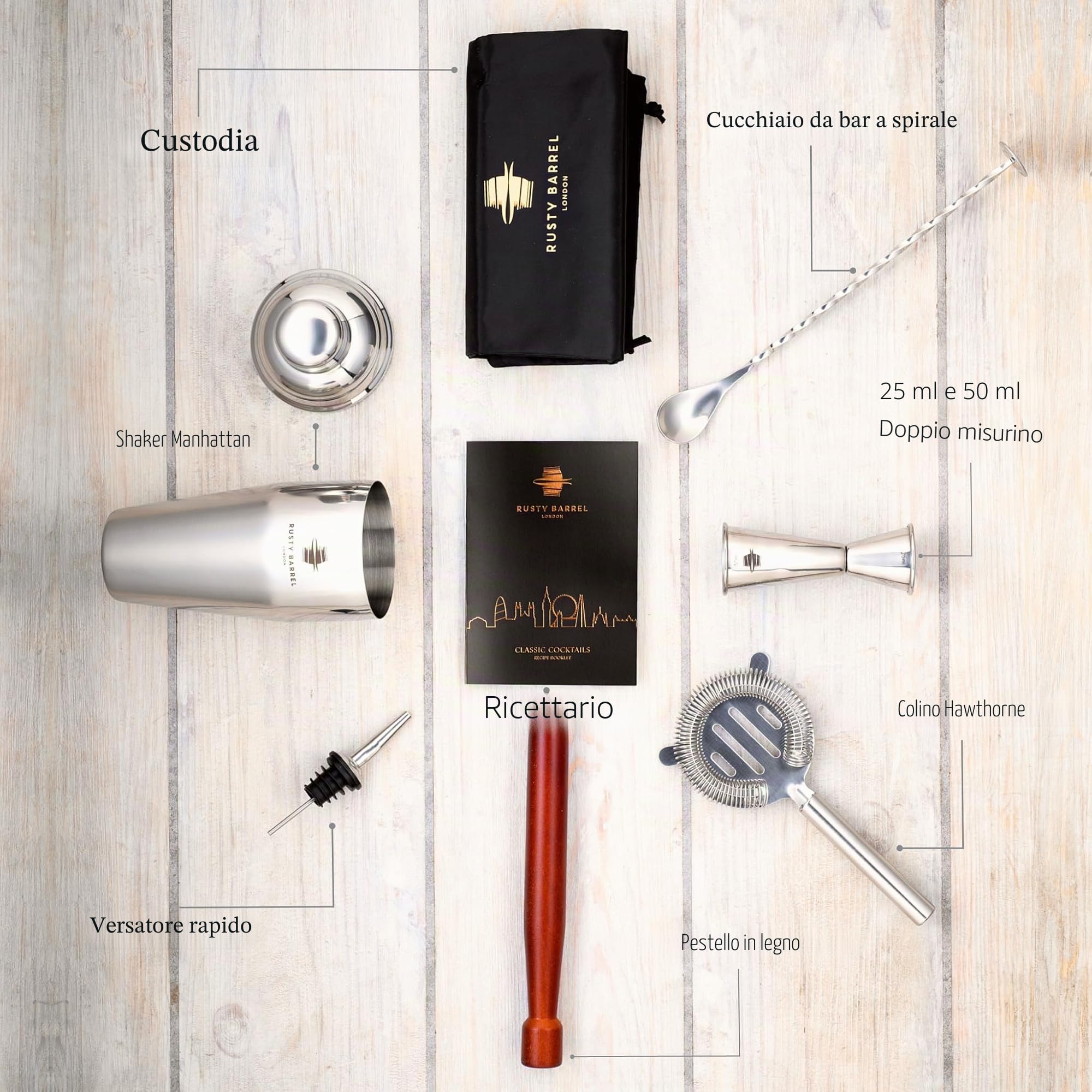 Set Cocktail Mayfair - Shaker Cocktail in Acciaio Inossidabile | Kit Cocktail, Kit Barman Completo | Professionale Cocktail Set, Include Elegante Confezione Regalo e Libretto di Ricette