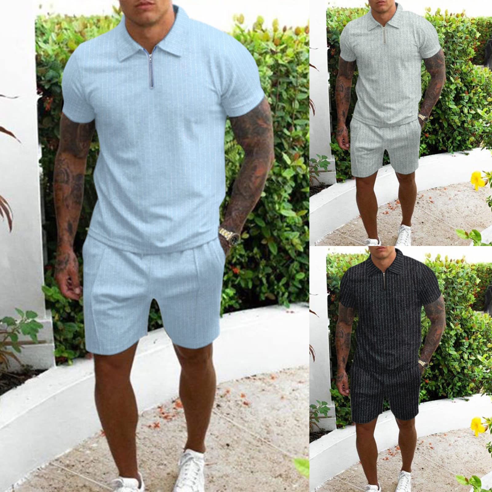 Tuta da uomo per il tempo libero, slim fit, da lavoro, con polo e pantaloncini, set estivo, tinta unita, classica, morbida, confortevole, per attività all'aperto, sport, per tutti i giorni e