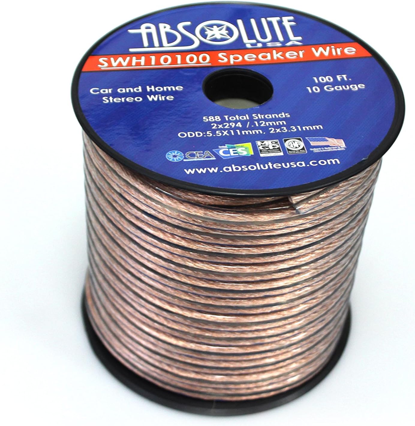 Absolute USA SWH10100 10 Gauge Car Home Audio Speaker Wire Cable Spool 100