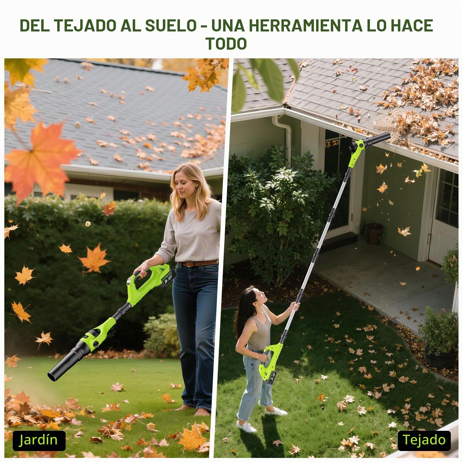 AOKIA Soplador de Hojas a Batería con Tubo Telescópico de 2 m & 2×4000 mAh, Ligero, 290 km/h & 985 m³/h, Modo Turbo, Soplador Inalámbrico para Jardín, Nieve, Hojas y Polvo