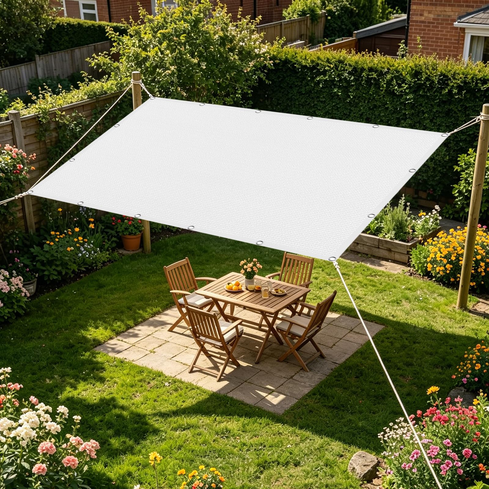 Vela Parasole 4.5 x 6 m in Tessuto Hdpe, Permeabile All'Aria e All'Acqua, Telo Ombreggiante Occhiellato Tenda da Sole Traspirante Rettangolare per Serra Cortile, Bianco