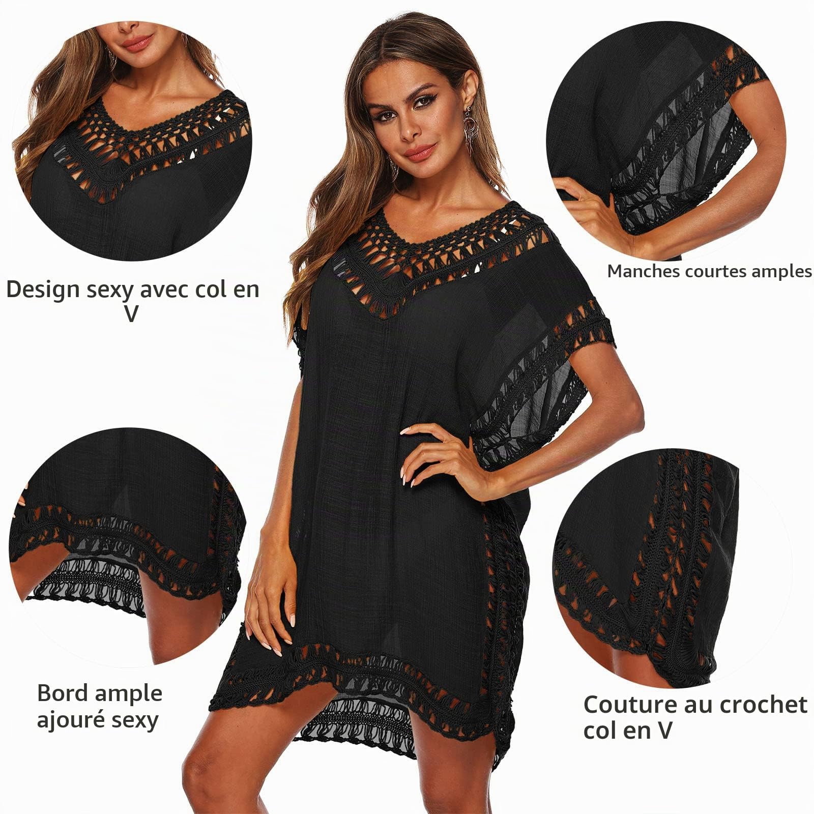 Baynetin Robe de Plage Femme Ete- Bikini Cover Up - Poncho de Plage Maillot De Bain Chemisier Pareo Femme Plage Bikini Dentelle au Crochet Cache-Maillots