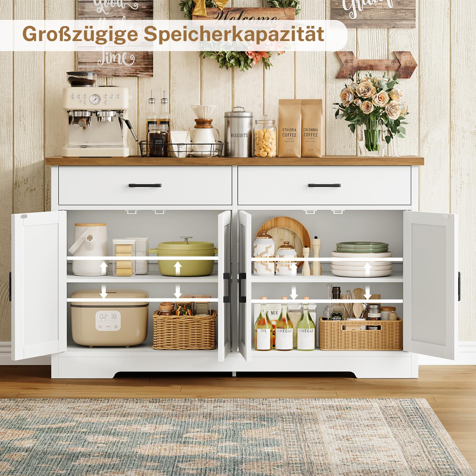 TEENFON 120 cm (B) Sideboard, 80 cm (H) Küchenschrank mit Arbeitsplatte, Buffetschrank mit 2 Schubladen & Verstellbaren Regalen, Küchenzeile für Küche, Wohnzimmer & Flur - 120 x 30 x 80 cm - Weiß