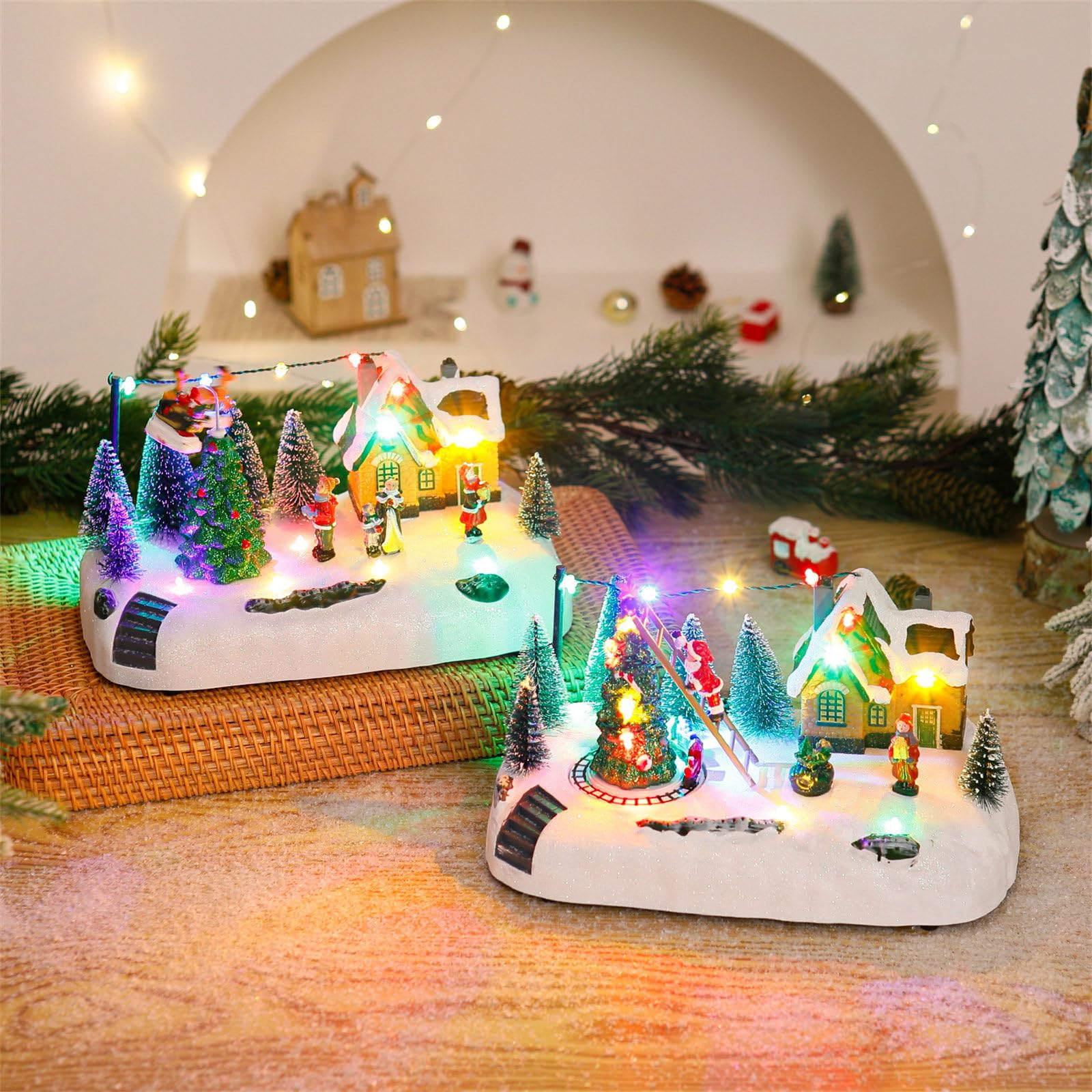 Caja de música navideña con efecto de luz y melodías de festival para interiores de Navidad, iluminación LED, adorno musical de resina para escritorio