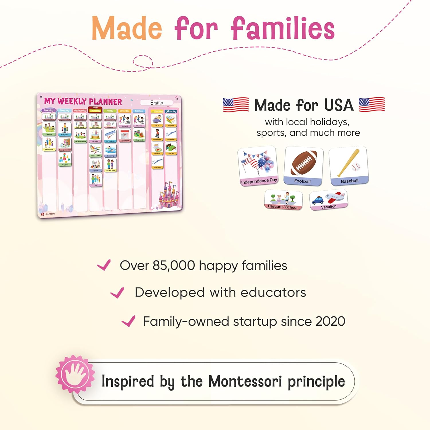 LIKARTO Visual Schedule for Kids - 2-in-1 Weekly + Daily Schedule - Magnetic Schedule with 188 Magnets and Magnetic Backing - Chore Chart Kids - Routine Chart for Toddlers, Autism, ADHD - Pink