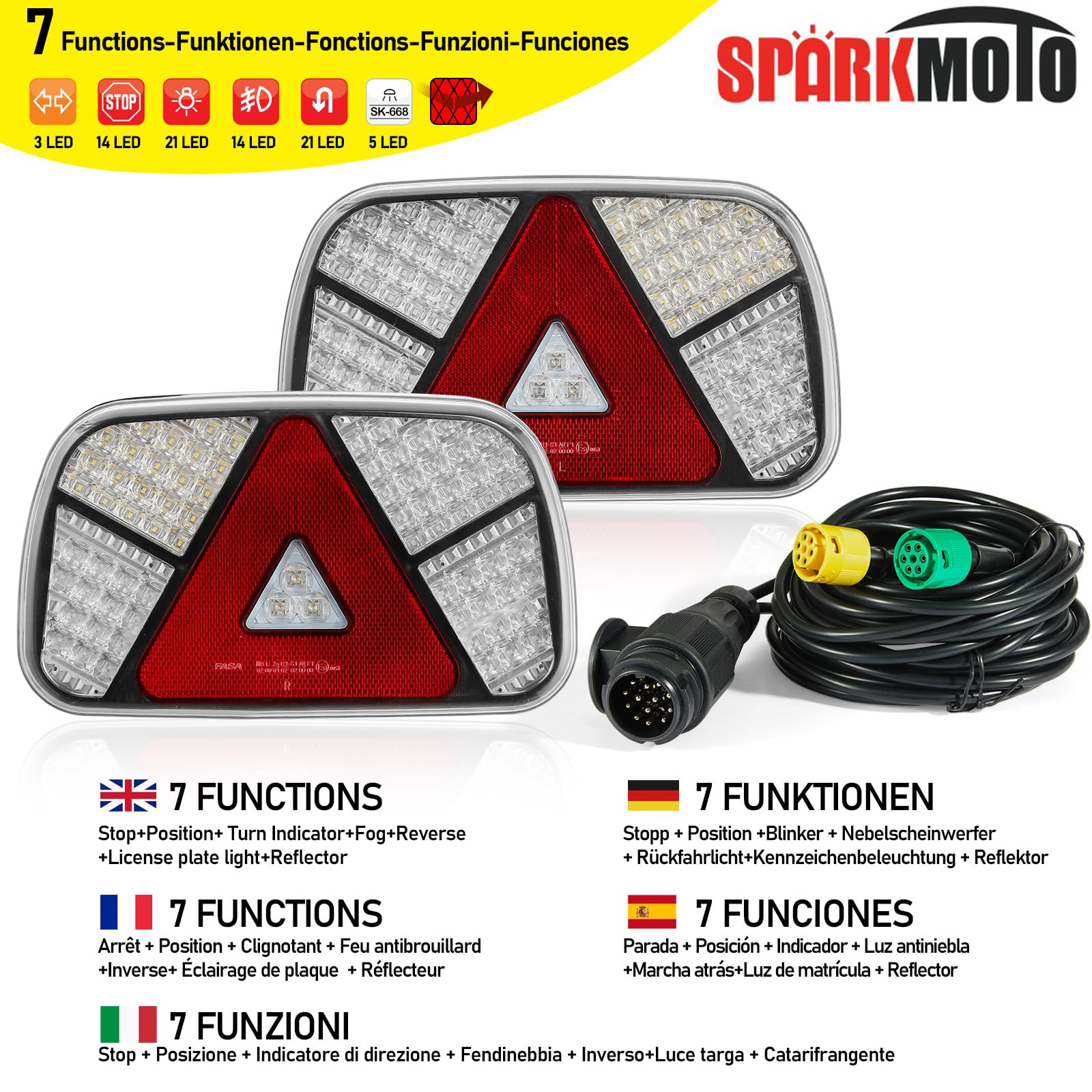 Kit Pilotos Traseros Remolque LED 13 Pines,12V Luces LED Remolque Con Cable 5 m y Enchufe 13 Pines & Conector Bayoneta 6 Pines,Luz Trasera Remolque Homologados