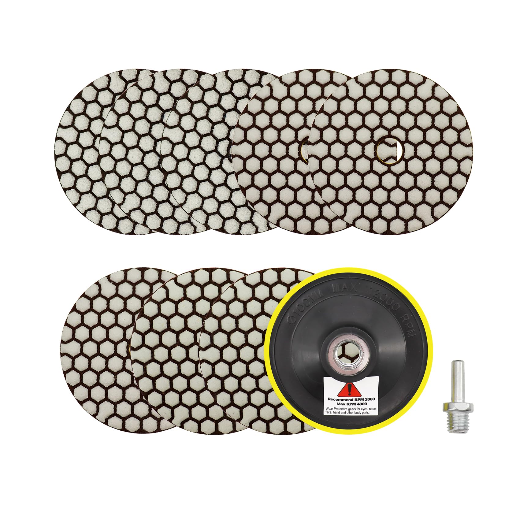 Diamantato Tamponi di Lucidatura Secco - 100mm 8pezzi Grana 50x3/100x3/200x2 con M14 Platorello+Adattatore per Granito Marmo Pietra Artificiale Quarzo per Smerigliatrice Angolare SANLEETEK
