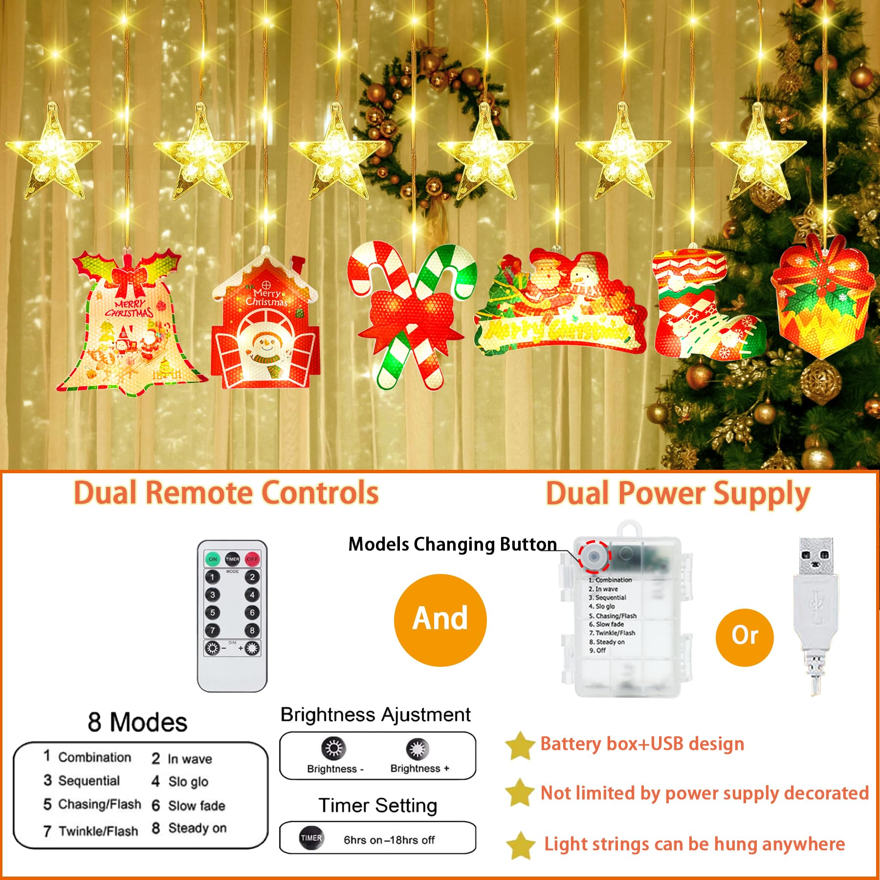 Guirlande Rideau Lumineuse Noël USB - 3 M - 8 Modes - IP44 - Motifs Bonbons, Père Noël, Sapins…