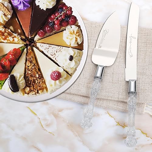Miniatura 4 de Juego de corte de pasteles para boda, cuchillo y servidor de tartas de boda, juego de cortador de pastel plateado para compromiso o fiesta de