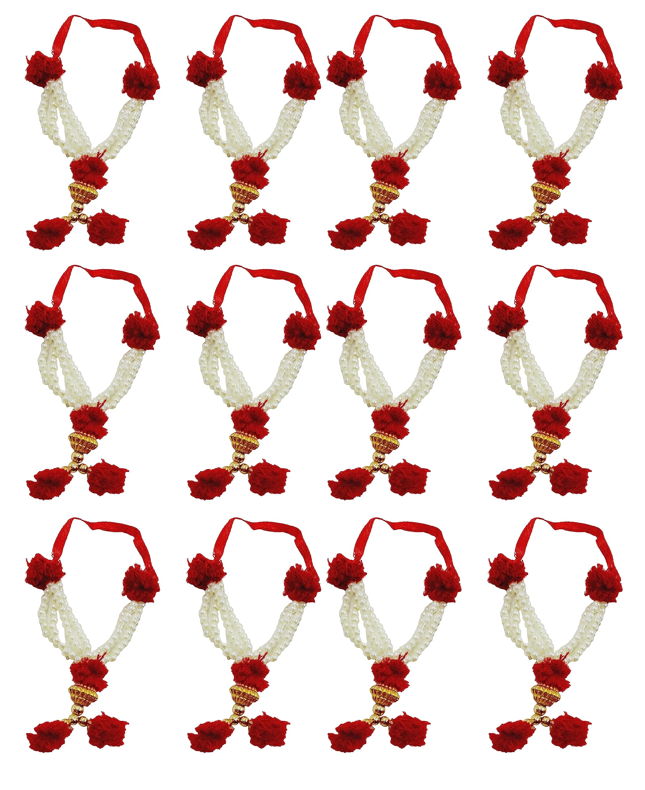 Small Mala for God Idol Small Mala Garland Haar for Car Idols, Moti Mala for Statue, Figurines, Set of 12 (White and Red Moti)