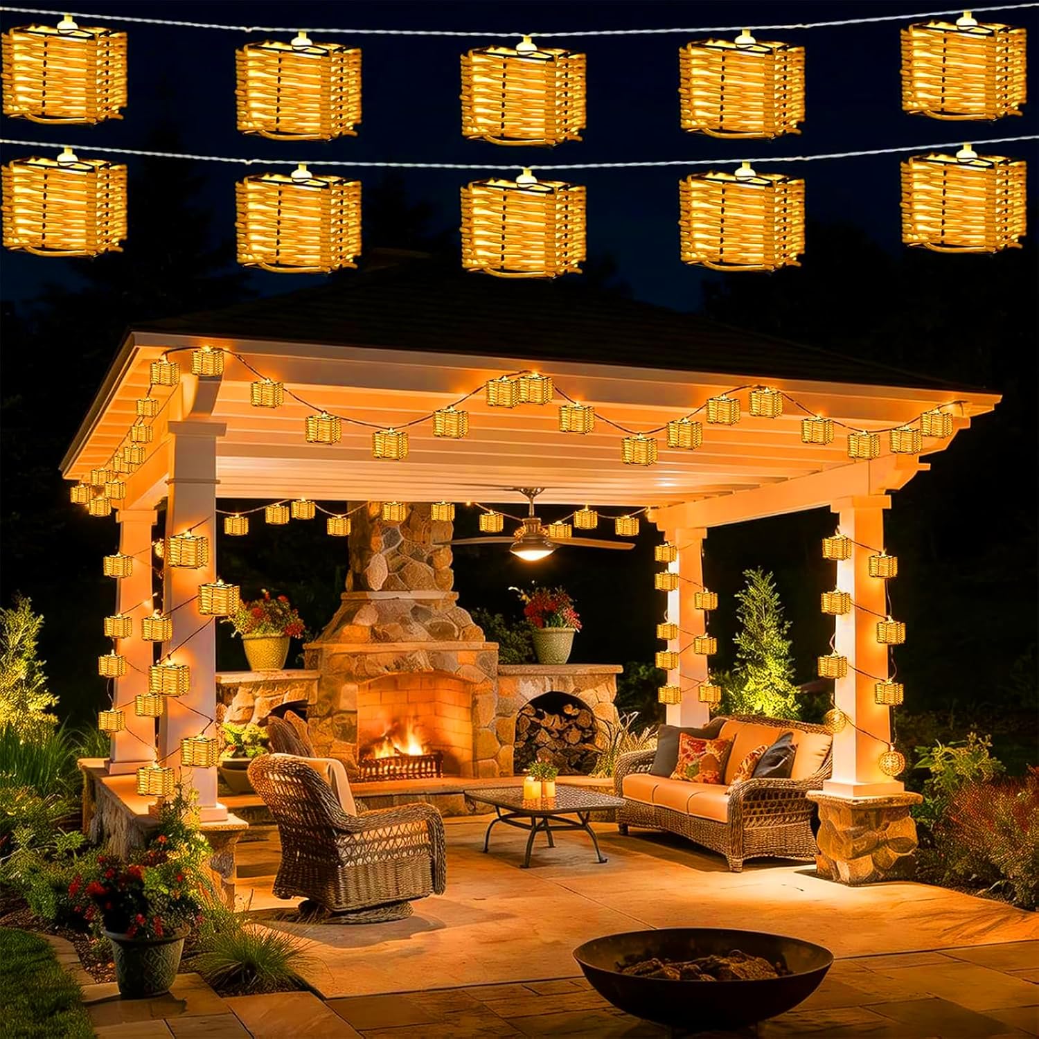 Decorative Solar Powered Outdoor String Lights, Waterproof, Shatterproof LED Patio Lantern Lights with Rattan Wire, Connectable Hanging Fairy Lights for Garden, Pergola, Backyard, Party Decor