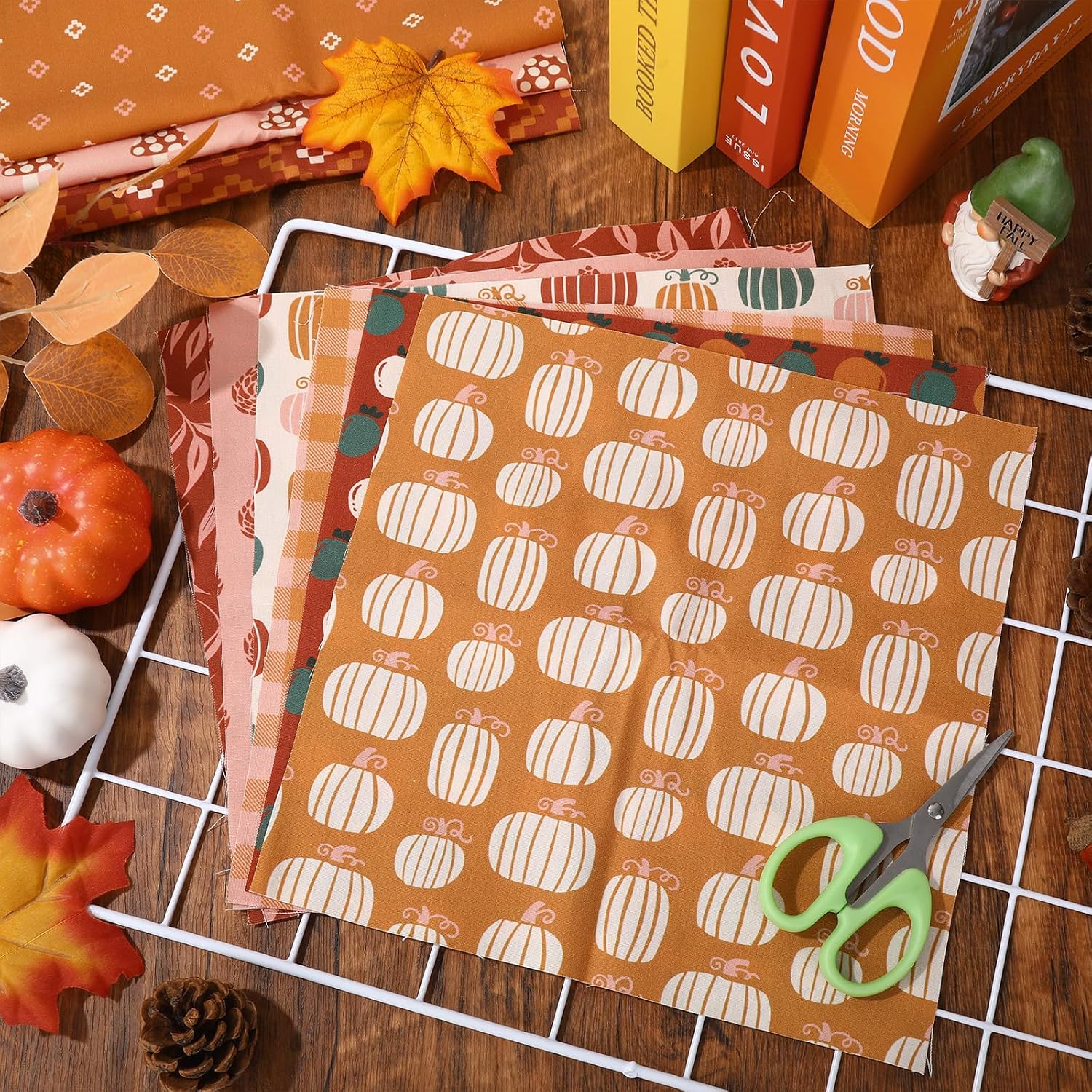 Whaline 12 Pcs Boho Fall Cotton Fabric Bundles 10 x 10 Inch Autumn Pumpkin Mushroom Fabric Square Boho Sewing Fabrics for DIY Handmade Crafting Home Party Decor image 4
