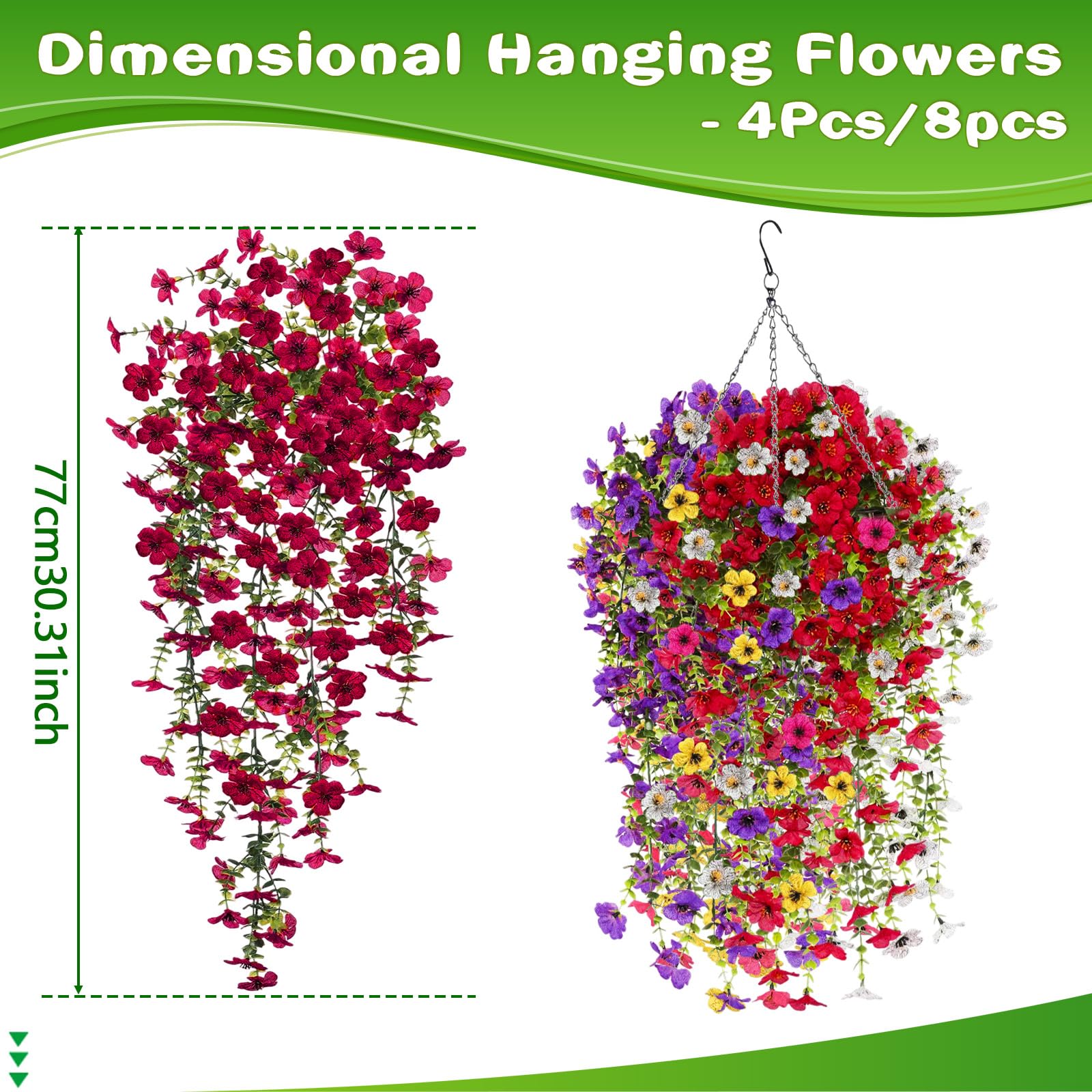 Cesto Appeso Fiori Artificiali Viola | 30cm Con Catene | Finta Seta UV Resistant | Per Esterno Giardino Balcone - 2