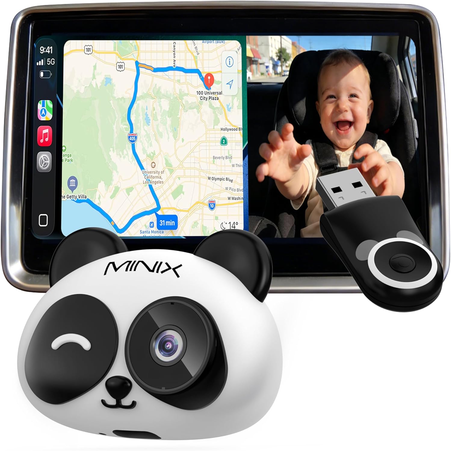 MINIX CA520 Wireless CarPlay Baby Car Camera for iPhone, 1080P HD Rear Seat Baby Monitor with Night Vision, 150° Wide View, Low Latency, Plug & Play for Factory Wired CarPlay Vehicles
