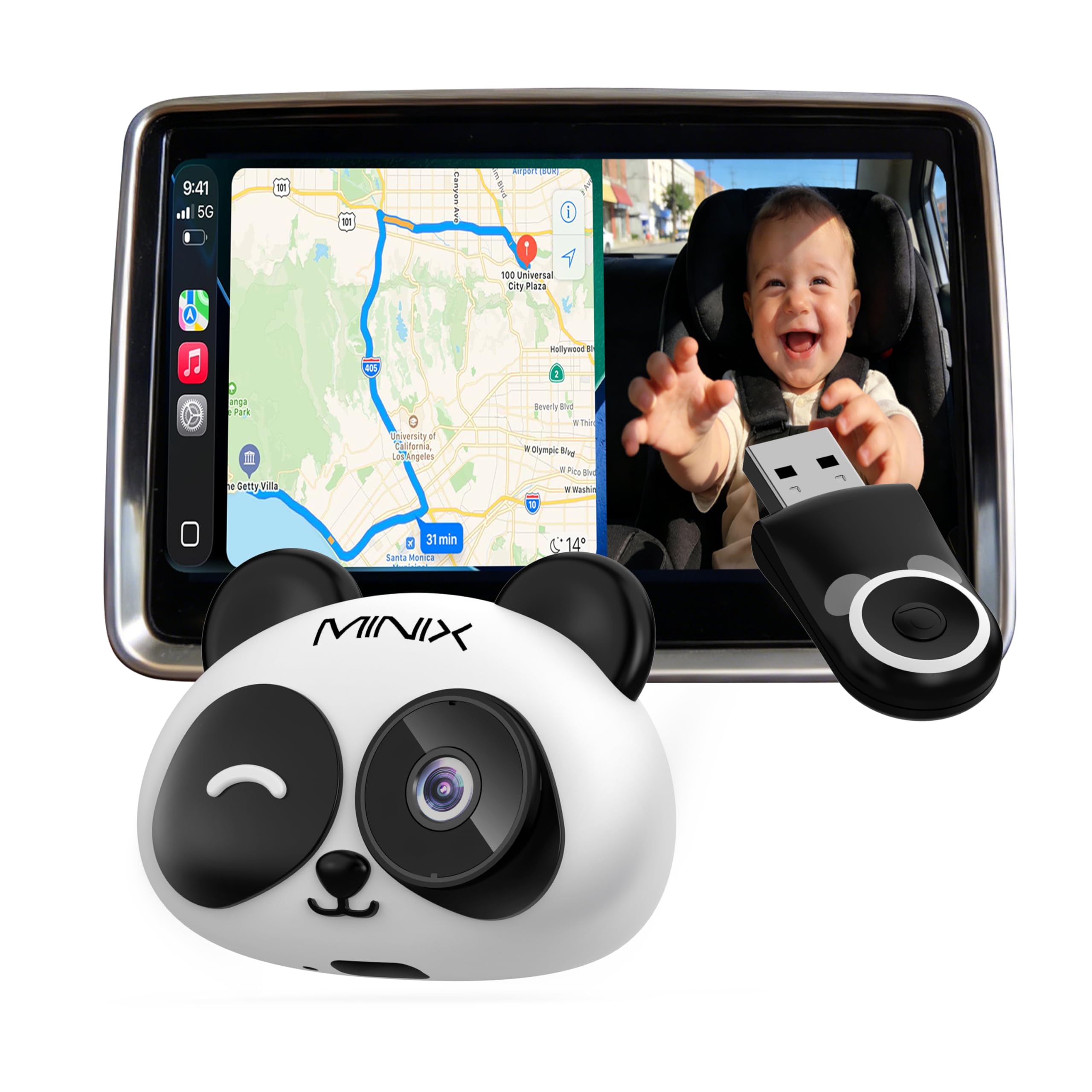 MINIX CA520 Wireless CarPlay Baby Car Camera for iPhone, 1080P HD Rear Seat Baby Monitor with Night Vision, 150° Wide View, Low Latency, Plug & Play for Factory Wired CarPlay Vehicles
