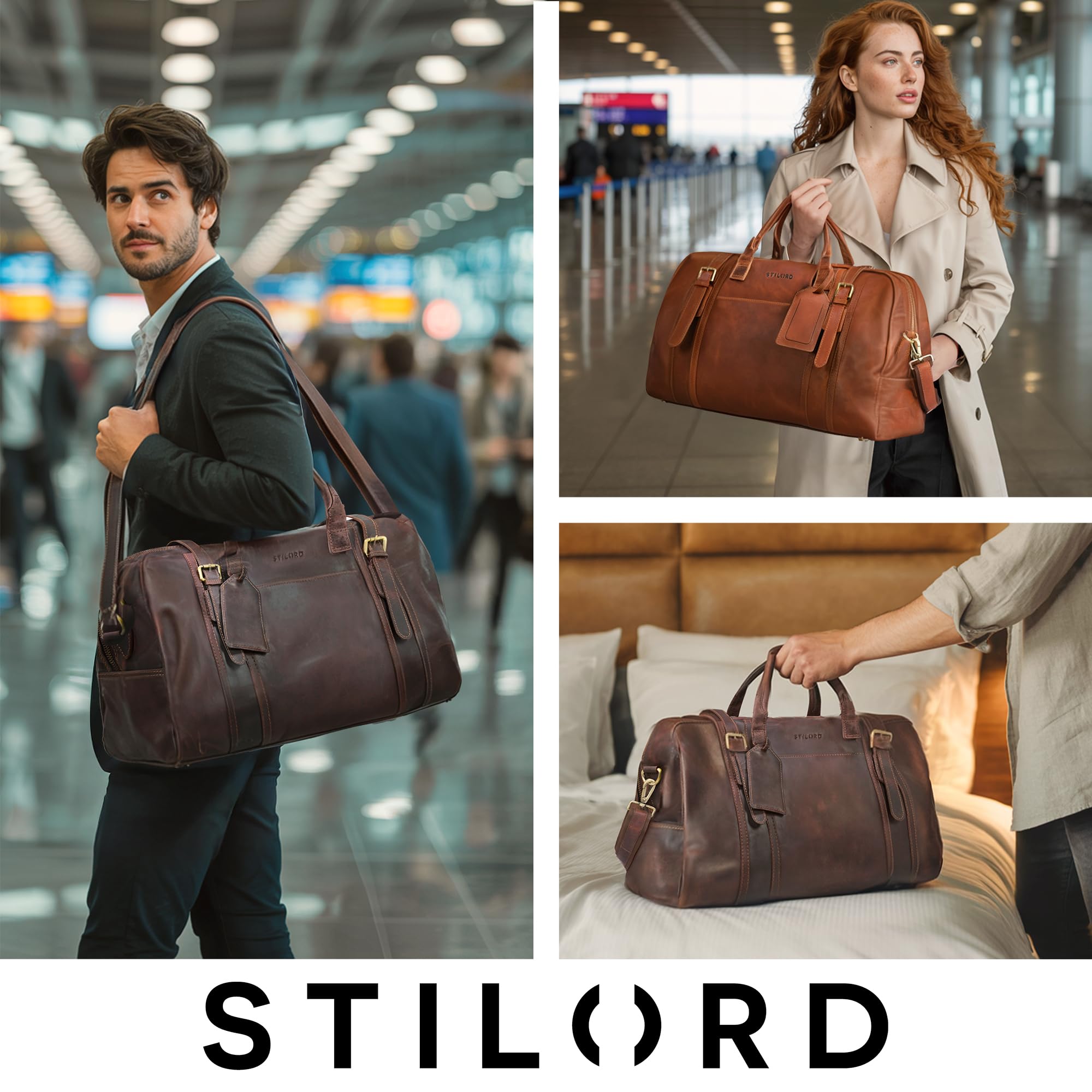 STILORD Vega Vintage Bolsa Viaje Piel Marrón Pequeño Bolso de Viaje Cuero Genuino Bolsa Fin de Semana Mujer Hombre Deporte Duffle Bag con Asa y Bandolera 34 L, 50x23x30
